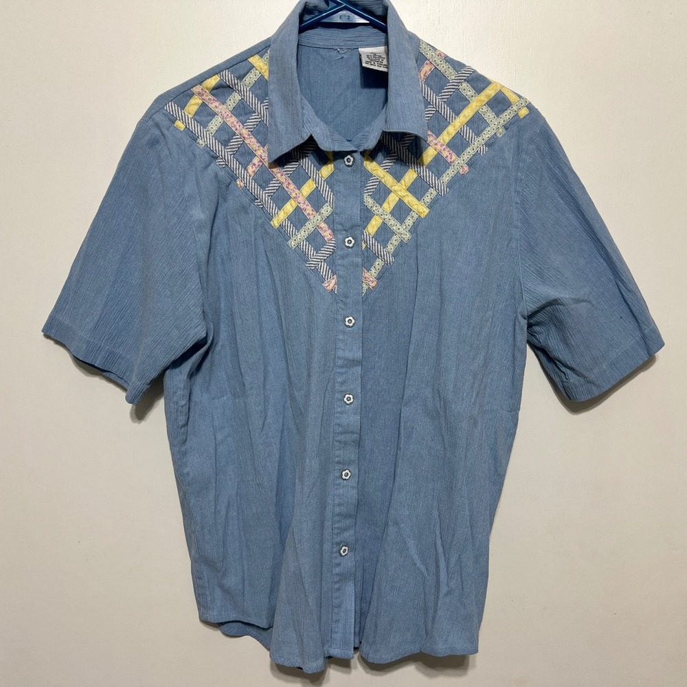 Vintage Blue Chambray Patchwork Lattice Button Up Shirt Size M Cottagecore Boho